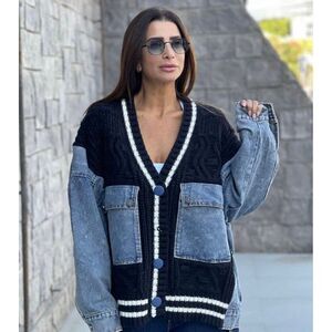 NEW Commense Winter Oversized Wool Blend Denim Color Block Jacket Retro Y2K